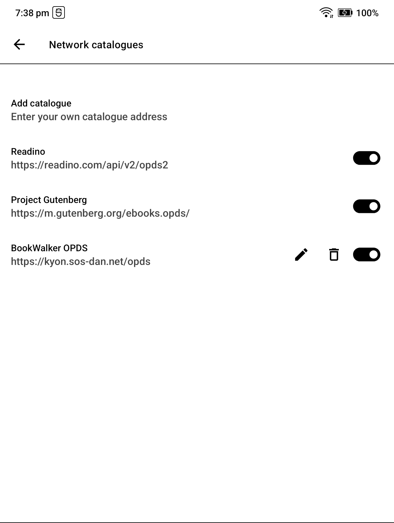 BookWalker OPDS added to the Network catalogues list alongside Readino and Project Gutenberg