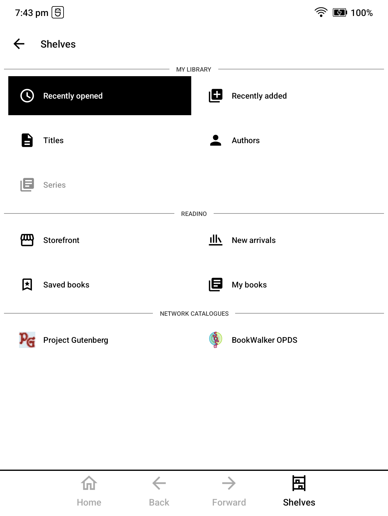 Shelves menu with BookWalker OPDS listed under Network catalogues