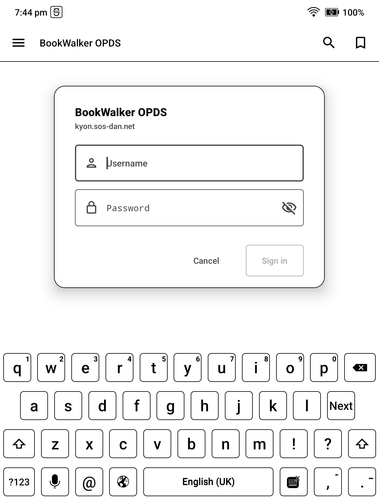 BookWalker OPDS sign-in dialogue with Username and Password fields