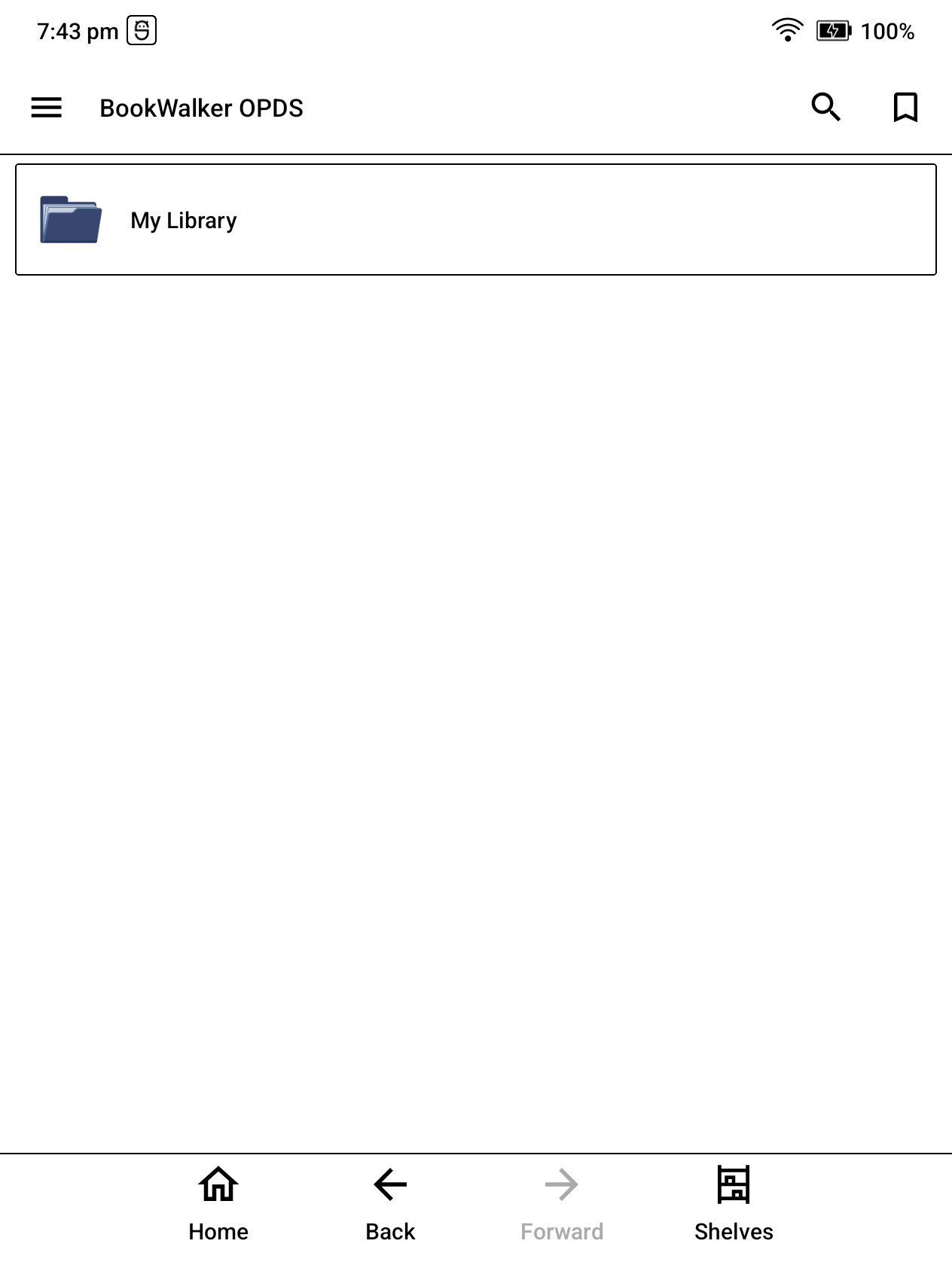 The BookWalker OPDS catalogue shelf open with a My Library folder
