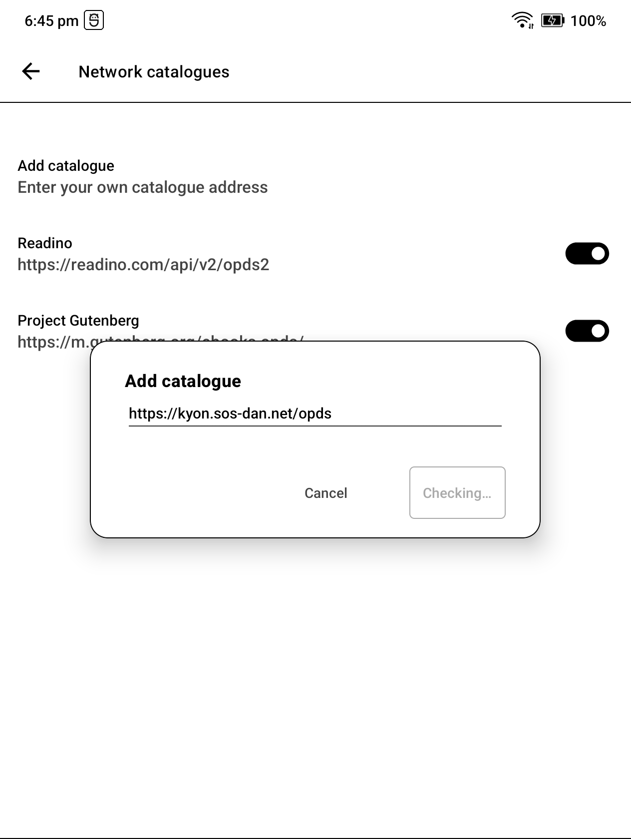 DinoReader verifying the OPDS catalogue address