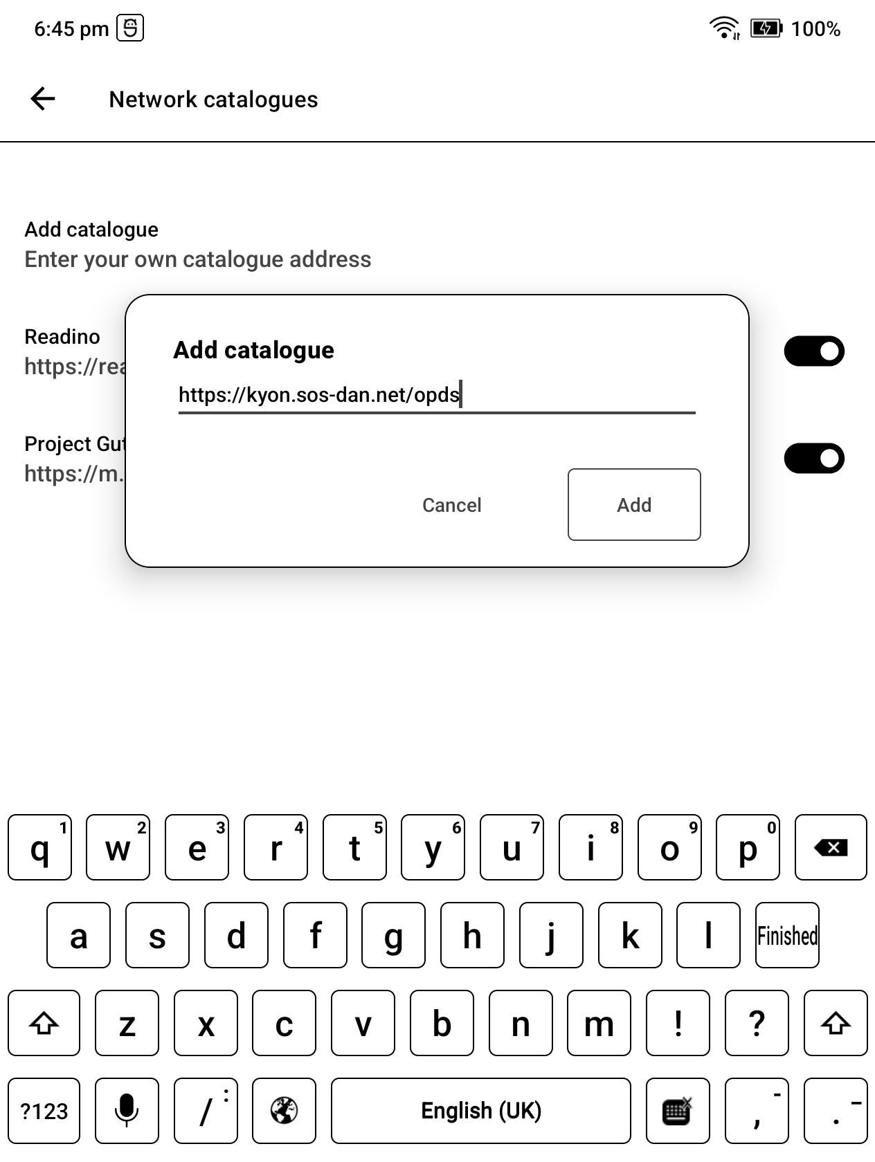 Add catalogue dialogue with an OPDS address entered and the Add button available