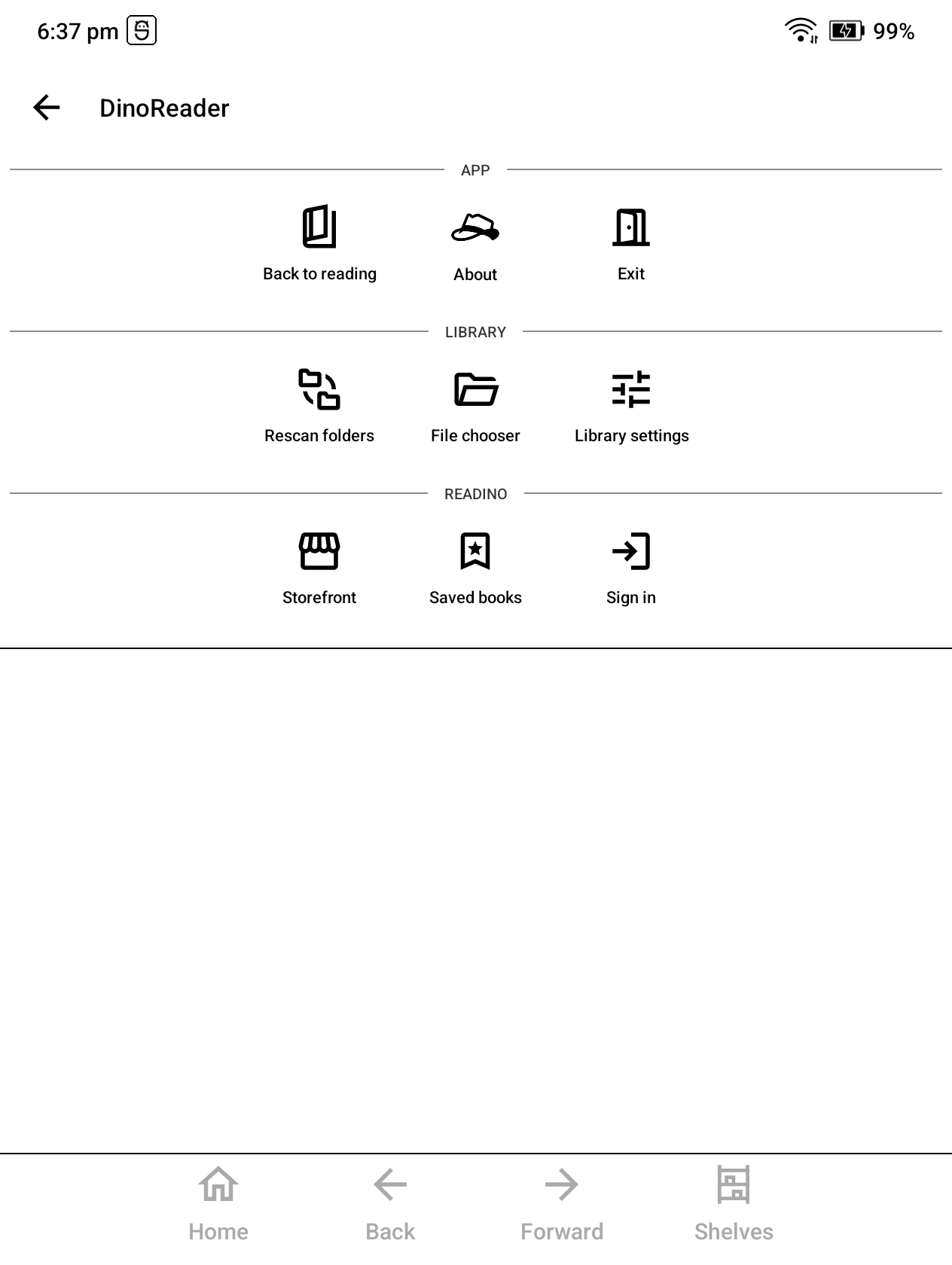 DinoReader main menu with Library settings in the Library section