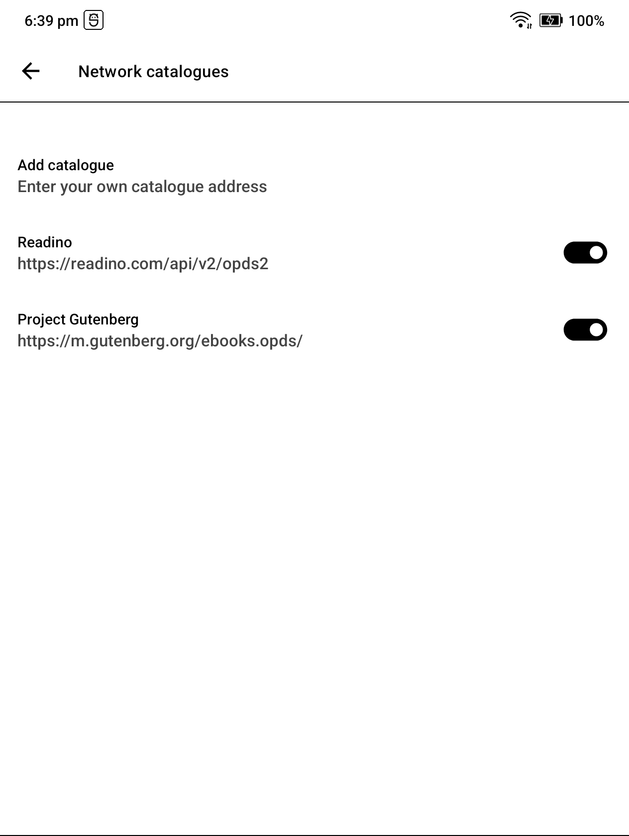 Network catalogues showing Add catalogue, Readino, and Project Gutenberg