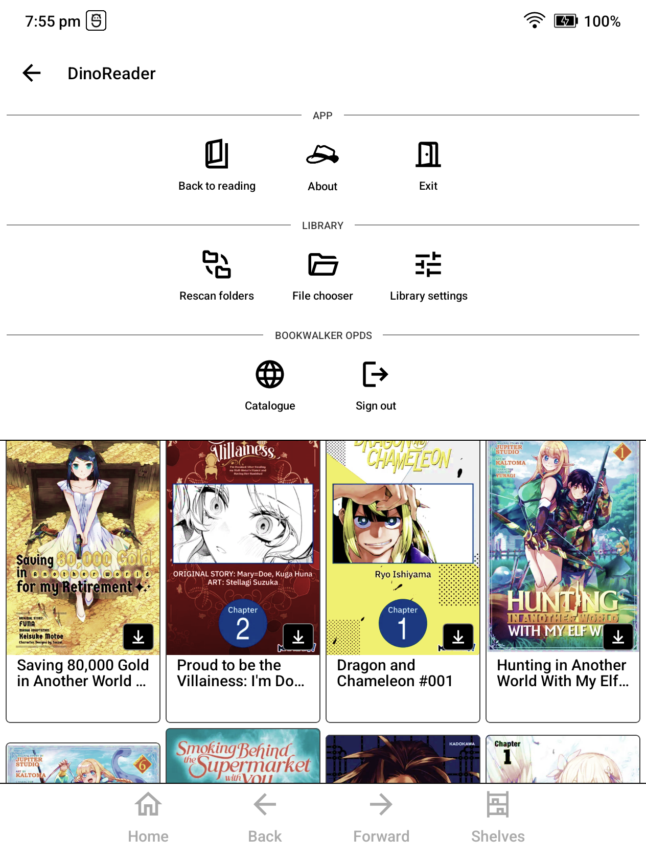 DinoReader main menu showing Sign out in the BookWalker OPDS section