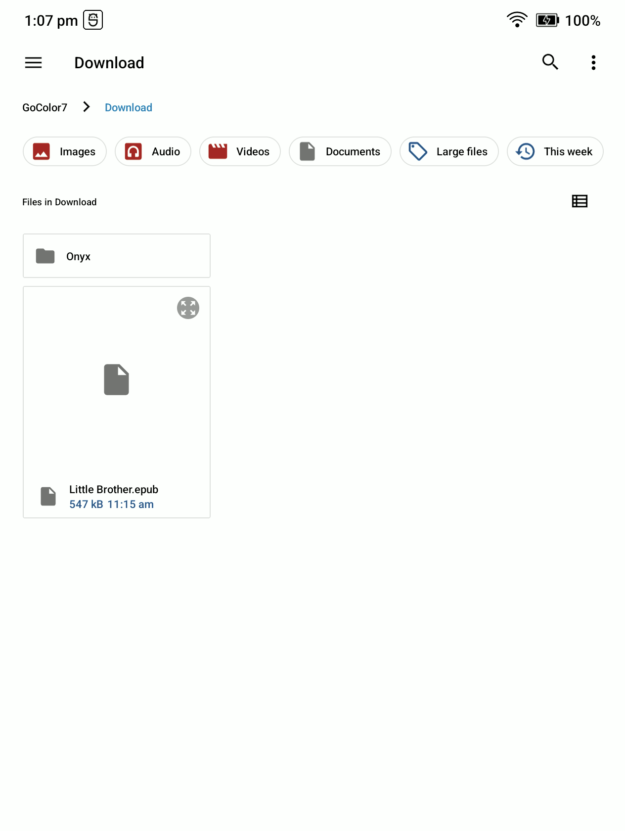 Android file chooser showing an EPUB book in Downloads