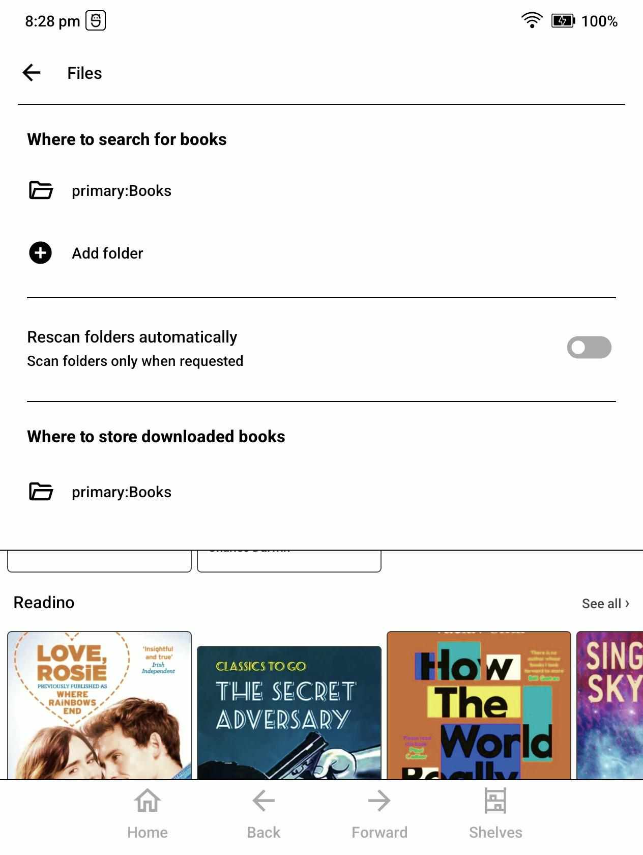 Files settings showing folders to scan and where downloaded books are stored