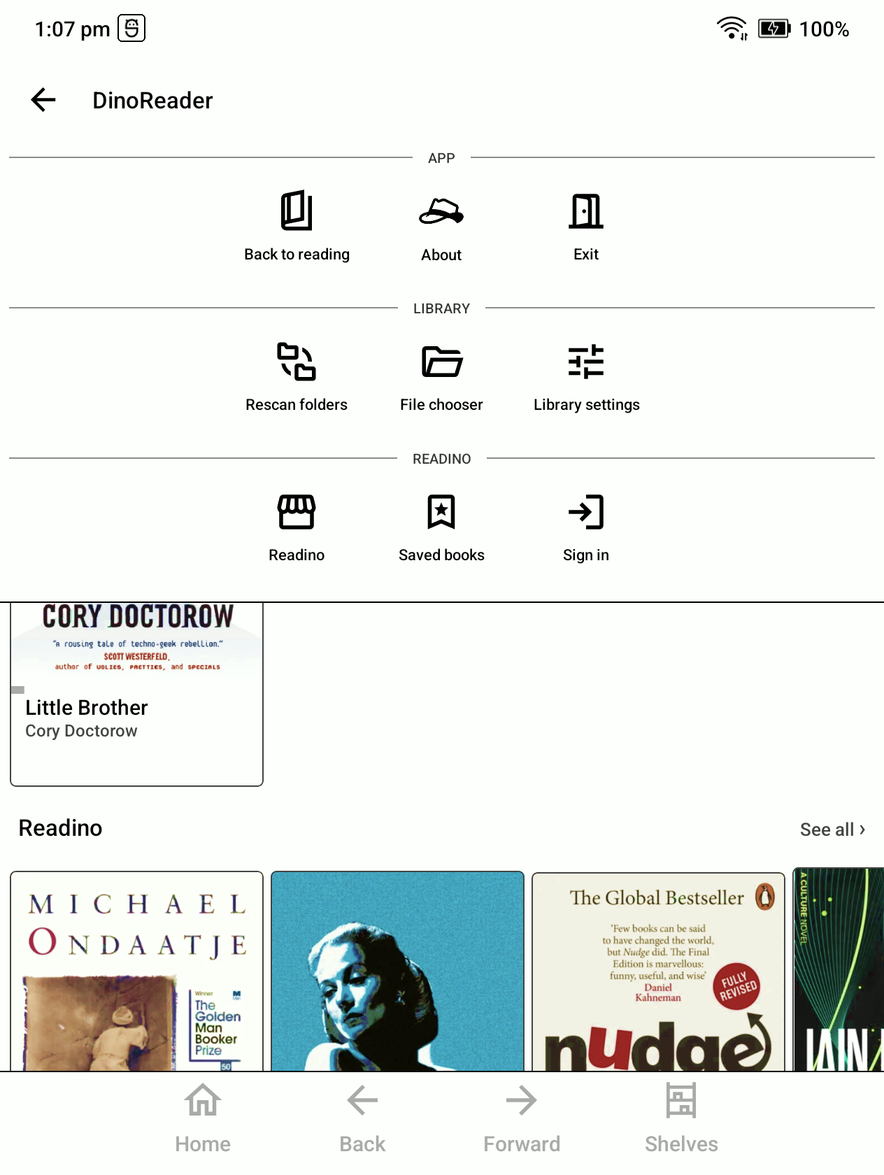 DinoReader library menu with Rescan folders, File chooser, and Library settings