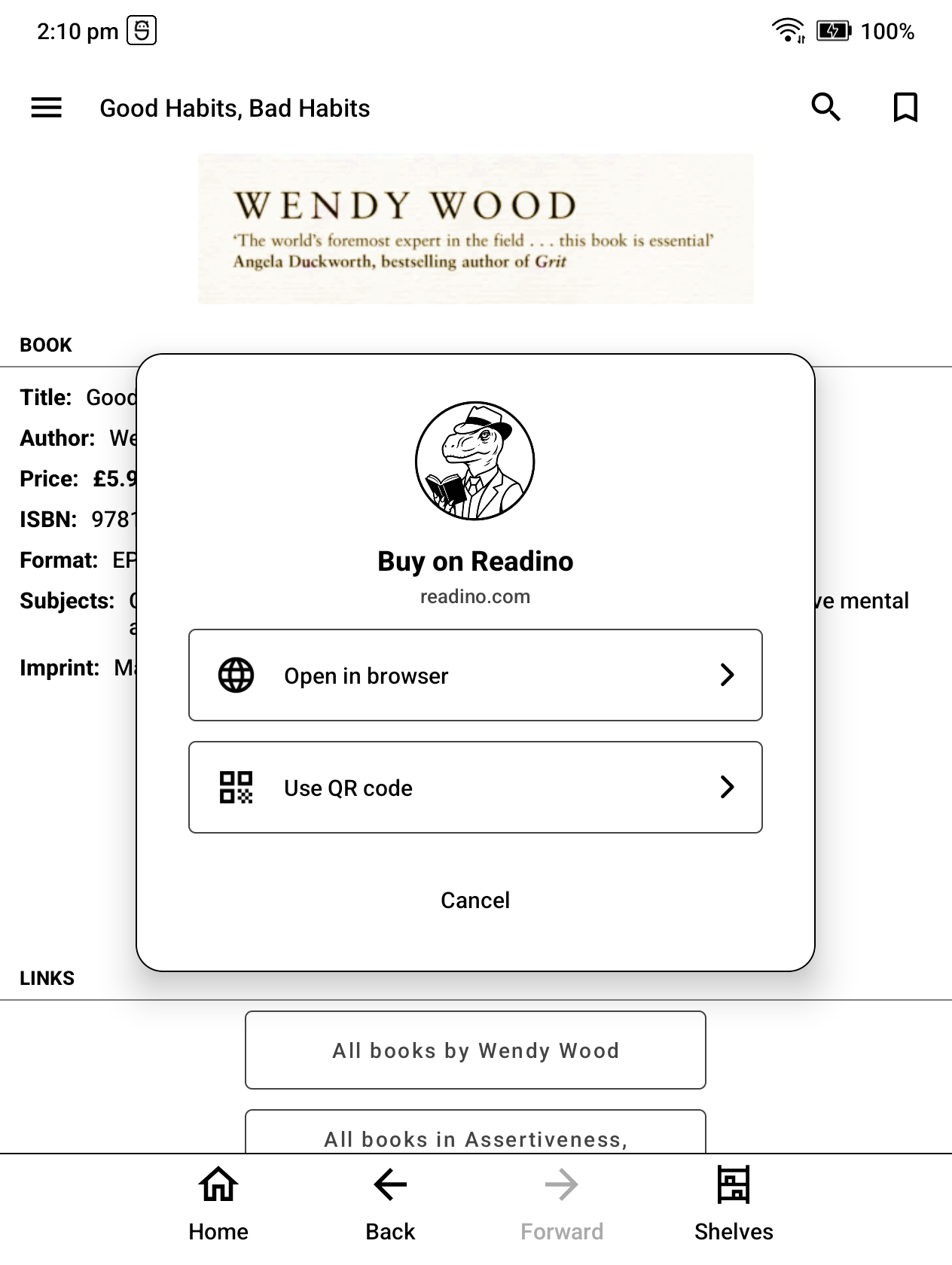 DinoReader offering browser and QR code options for buying a book on Readino