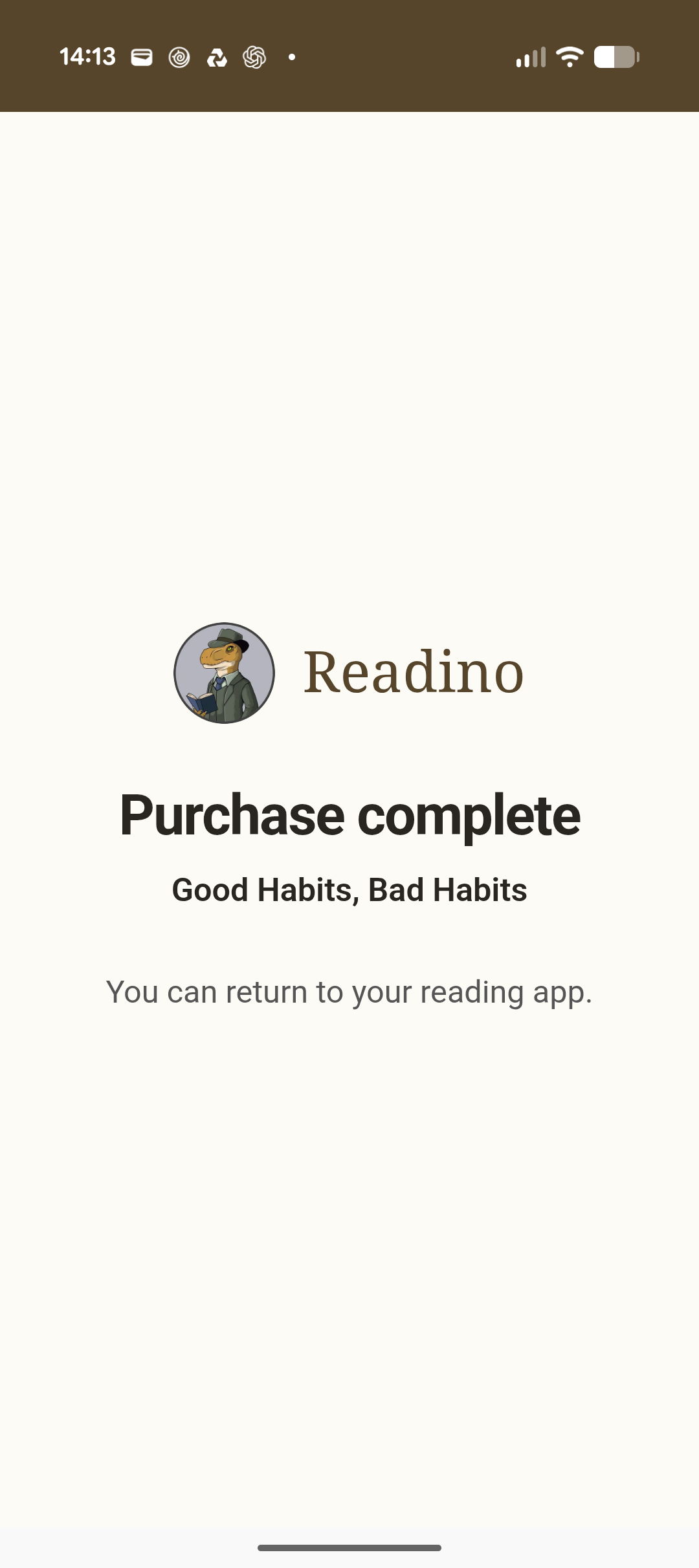 Readino confirmation that the book purchase is complete