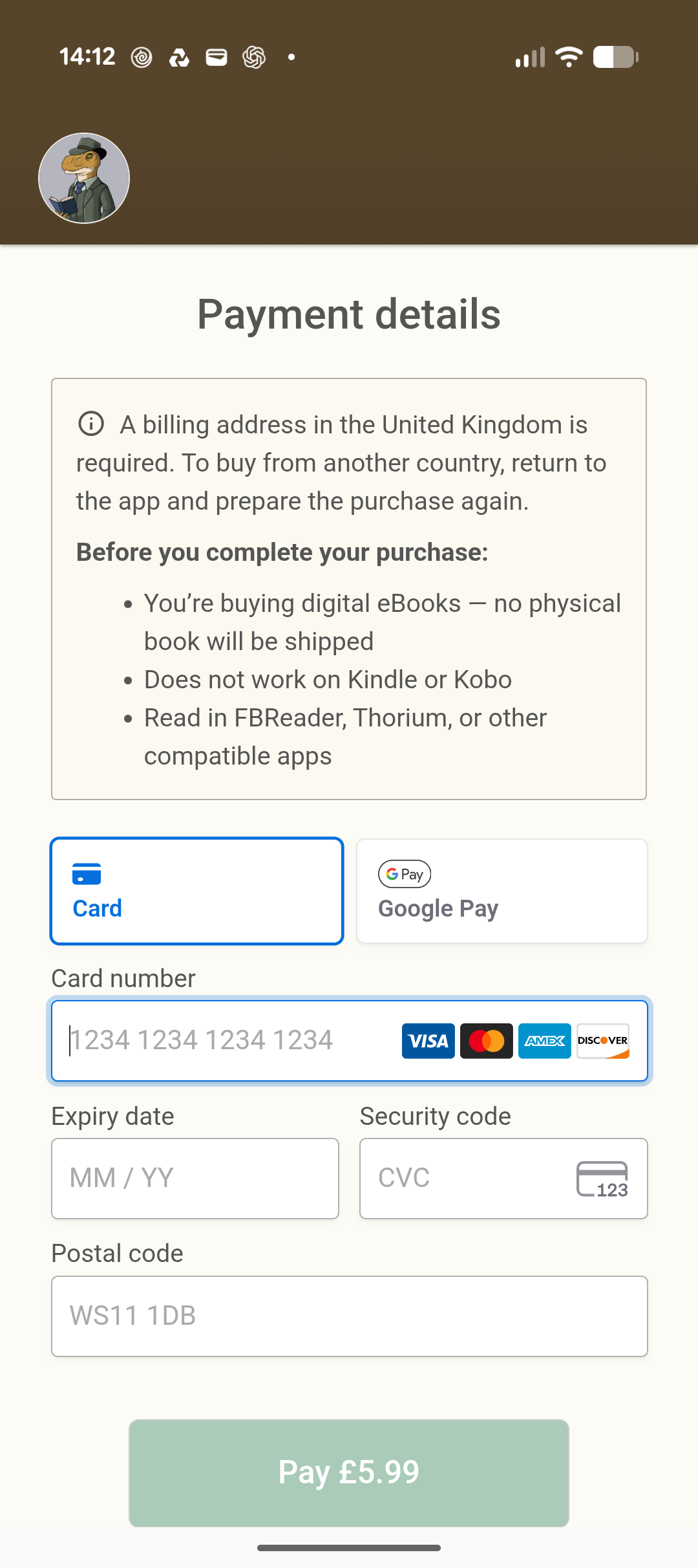 Stripe checkout form for entering payment details