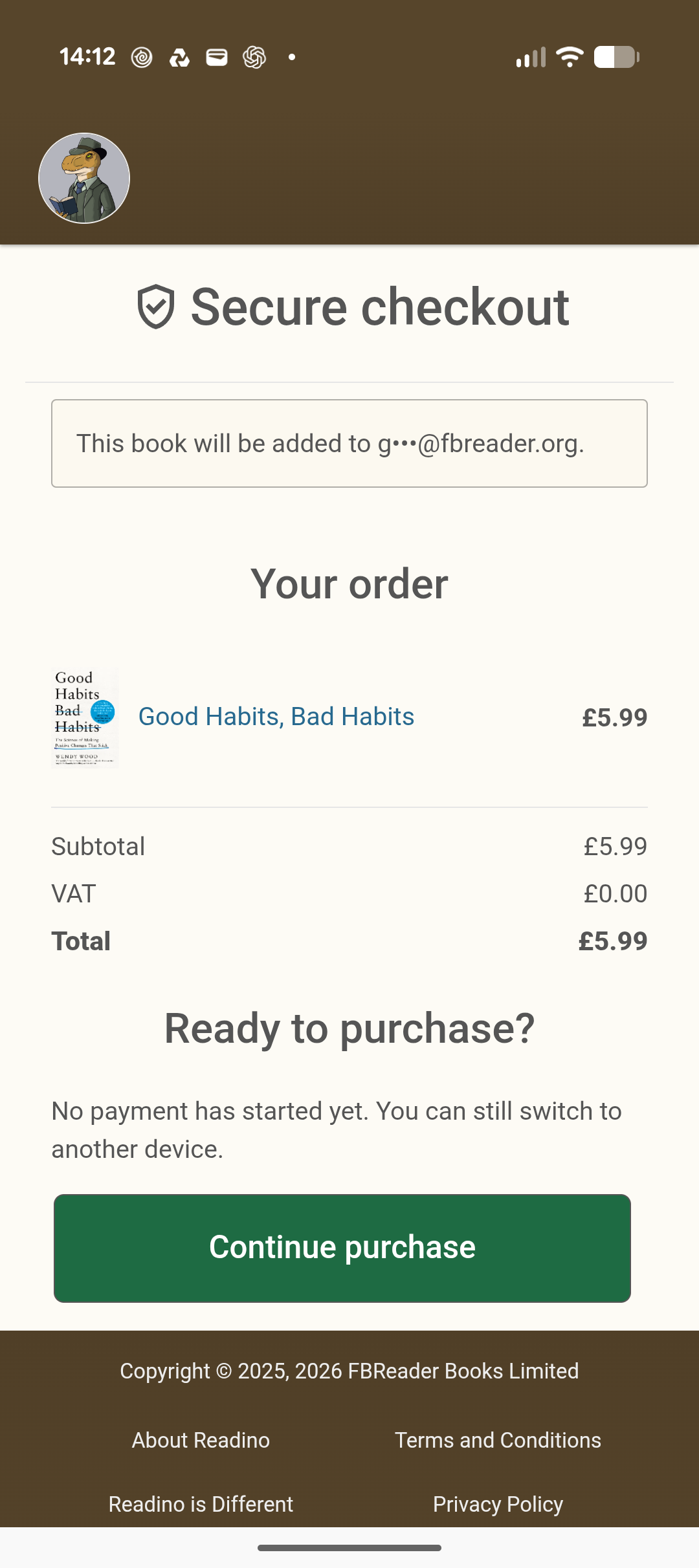 Readino checkout page showing the book order and Continue purchase button