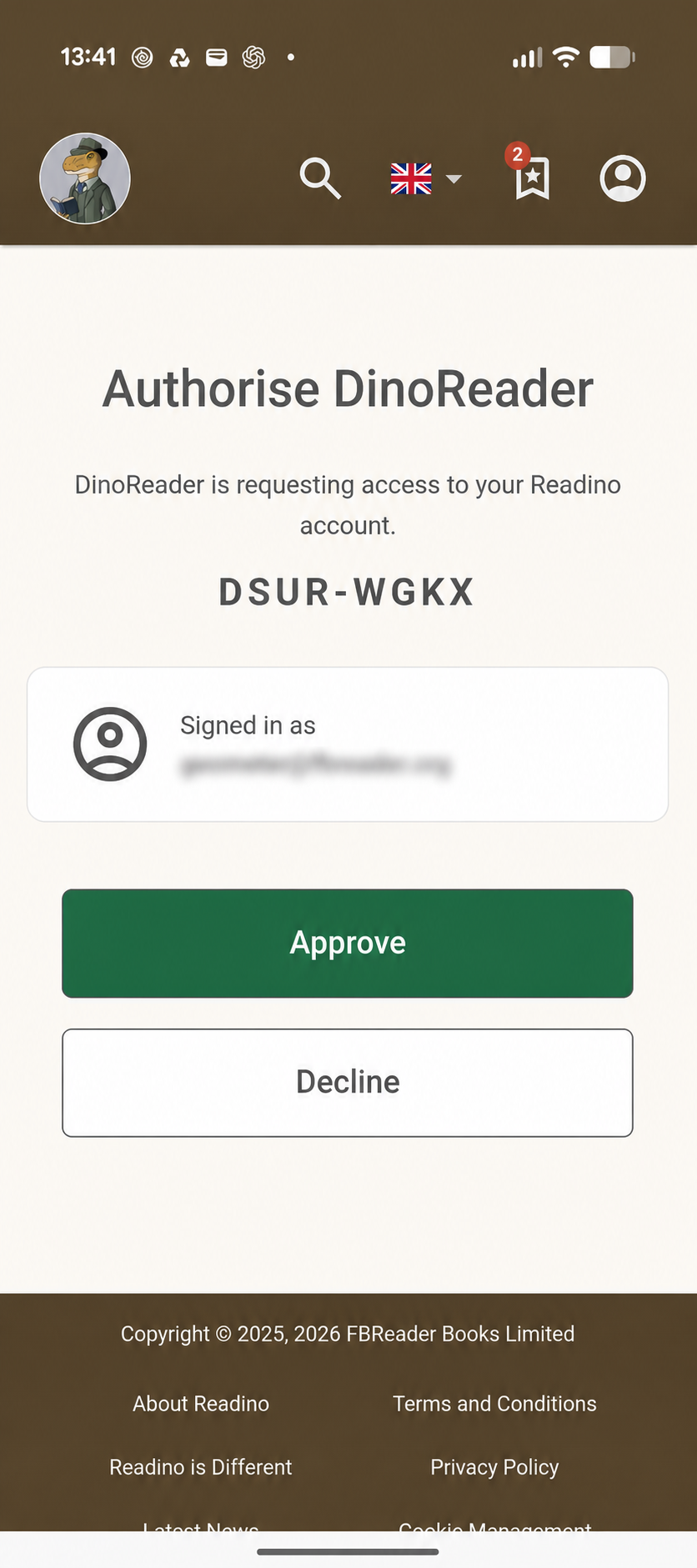 Readino page asking permission for DinoReader to access the account