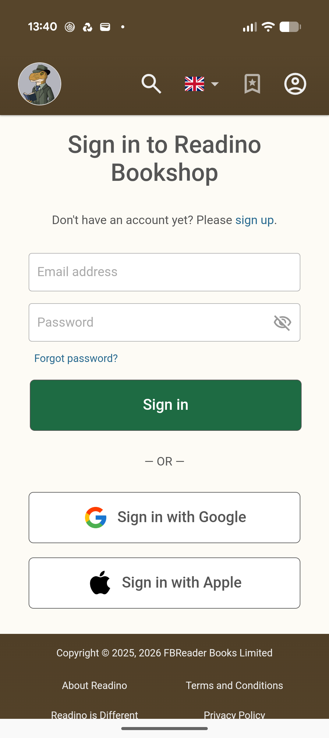 Readino sign-in page in a phone browser