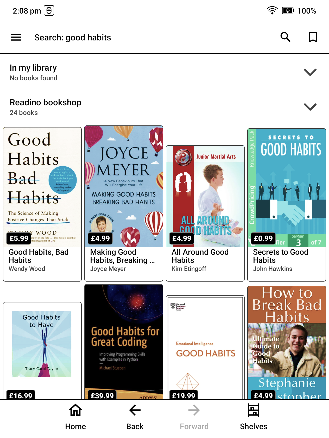 DinoReader search results showing books from the Readino bookshop