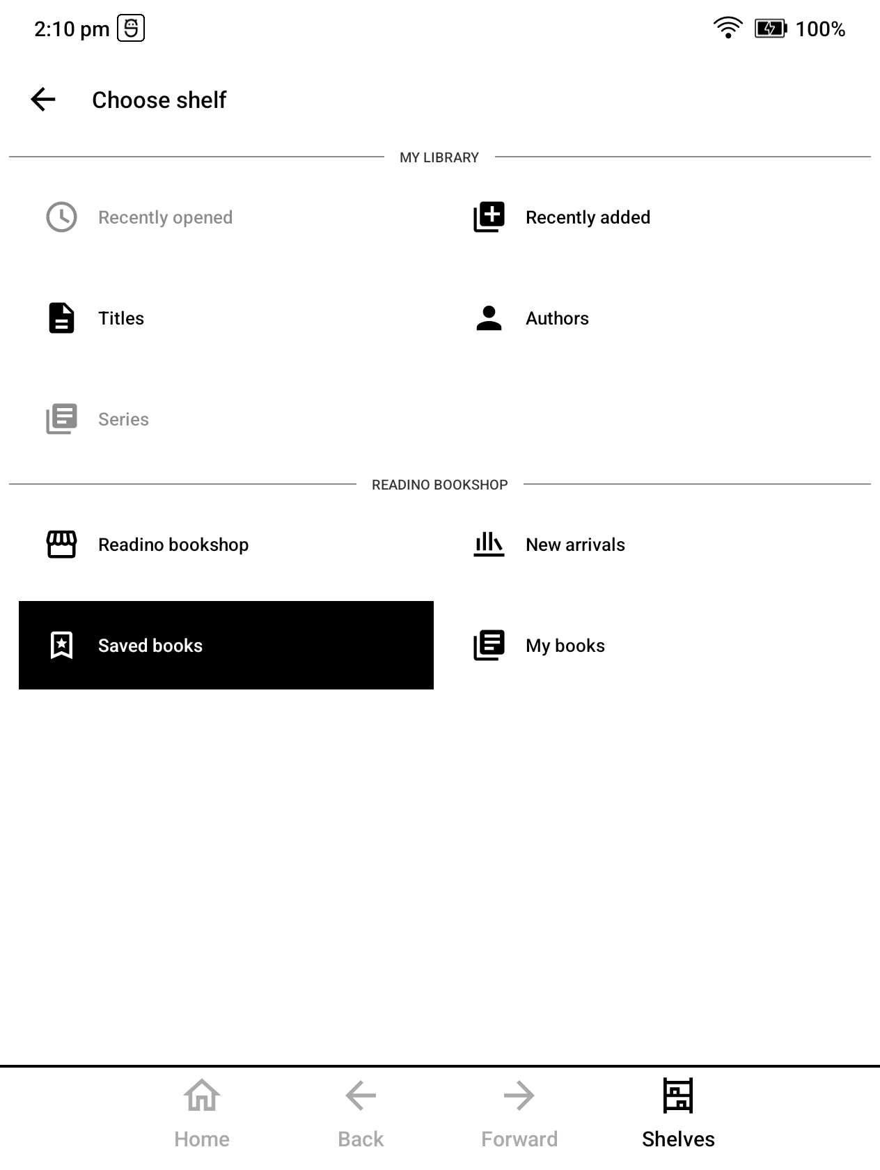 DinoReader Shelves menu with Saved books selected