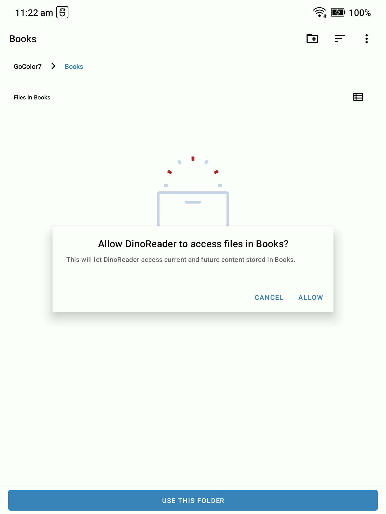Android confirmation asking whether DinoReader may access the Books folder