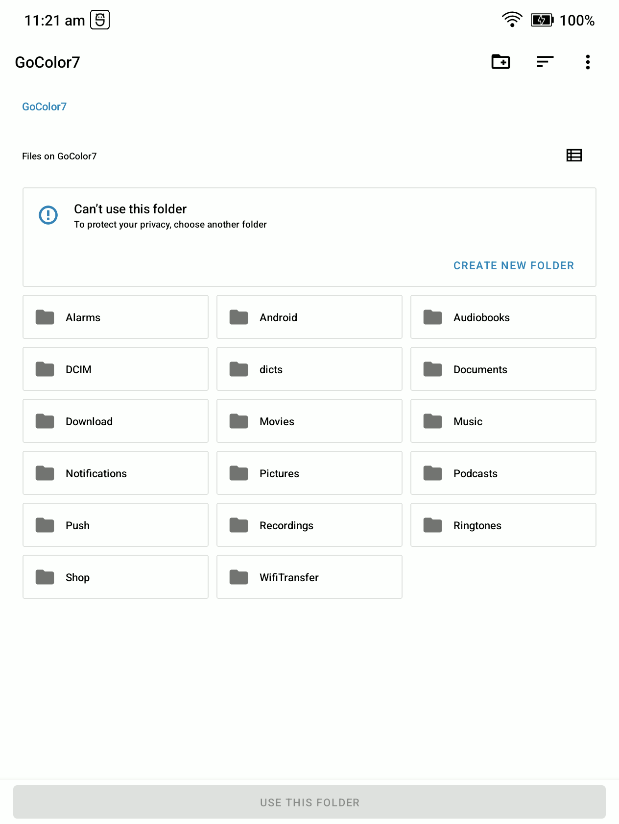 Android folder picker showing available folders and the Create new folder button