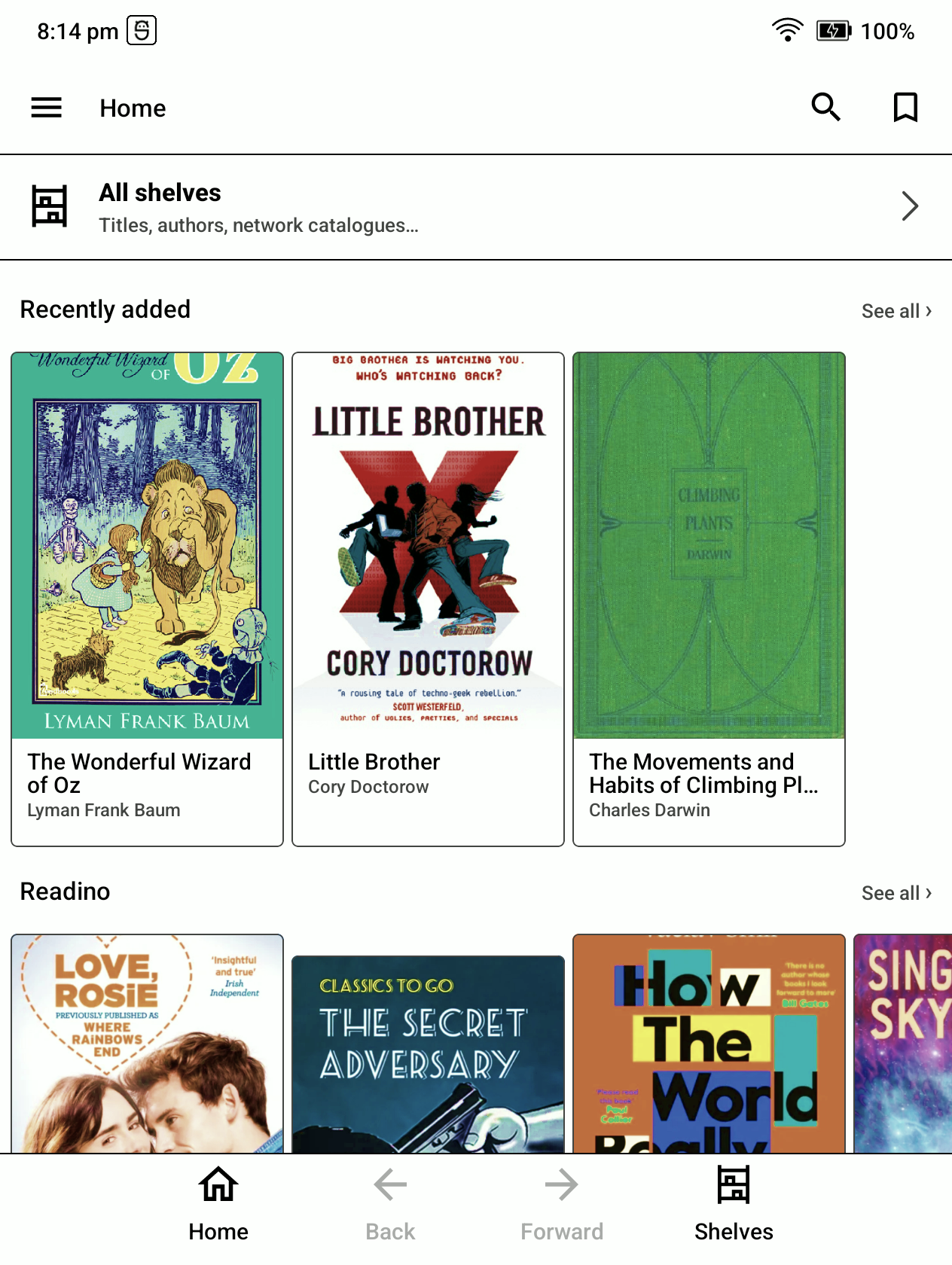 DinoReader library showing books found in the selected folder