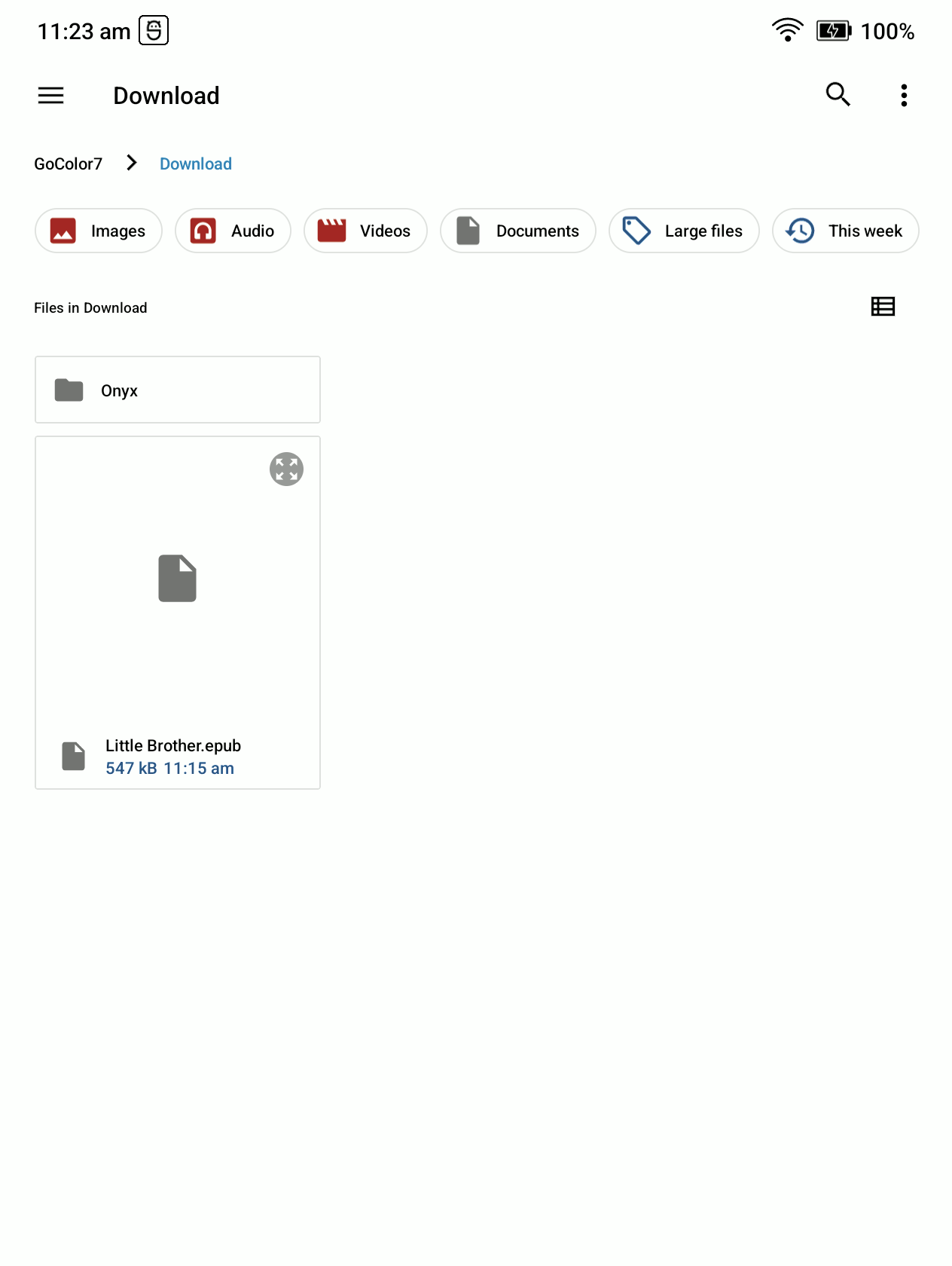 Android file chooser showing an EPUB book in Downloads