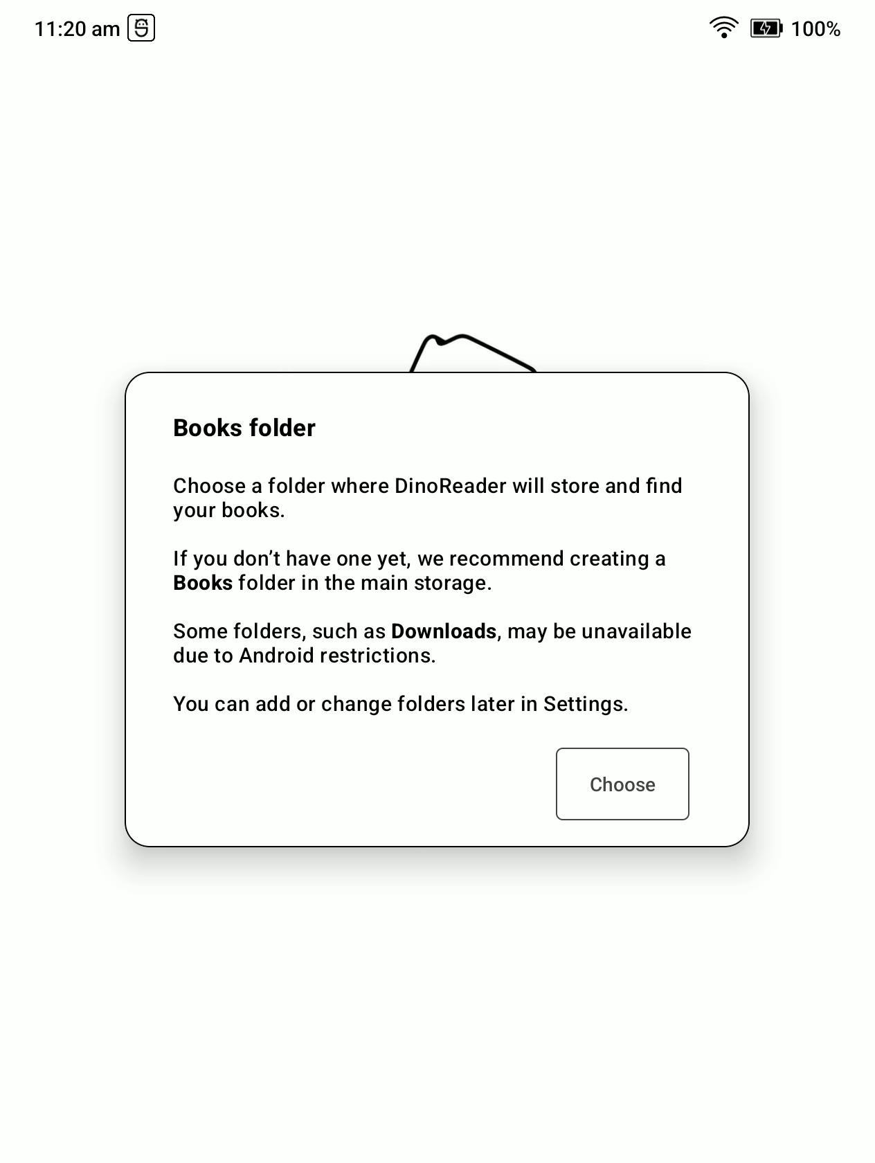 DinoReader asking the user to choose a books folder