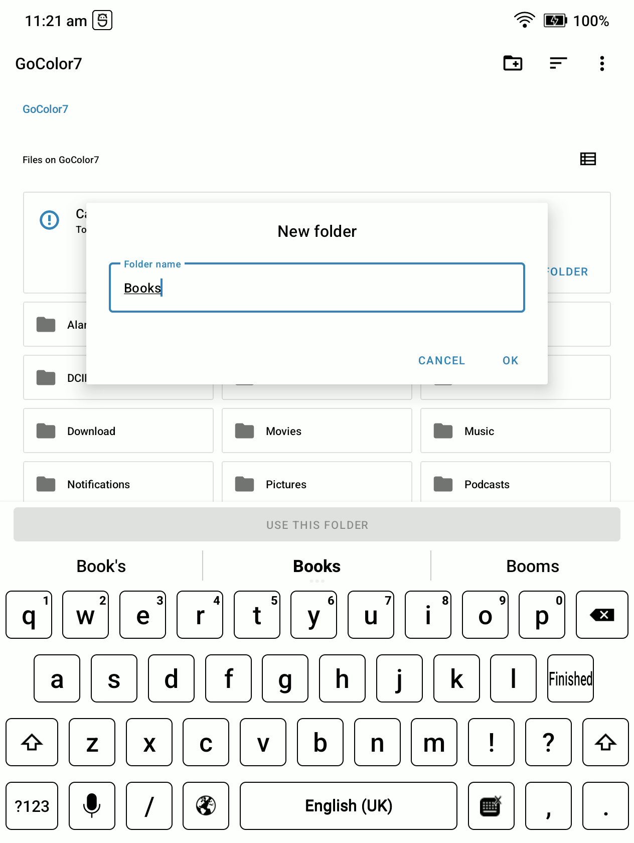 Android dialog for creating a folder named Books