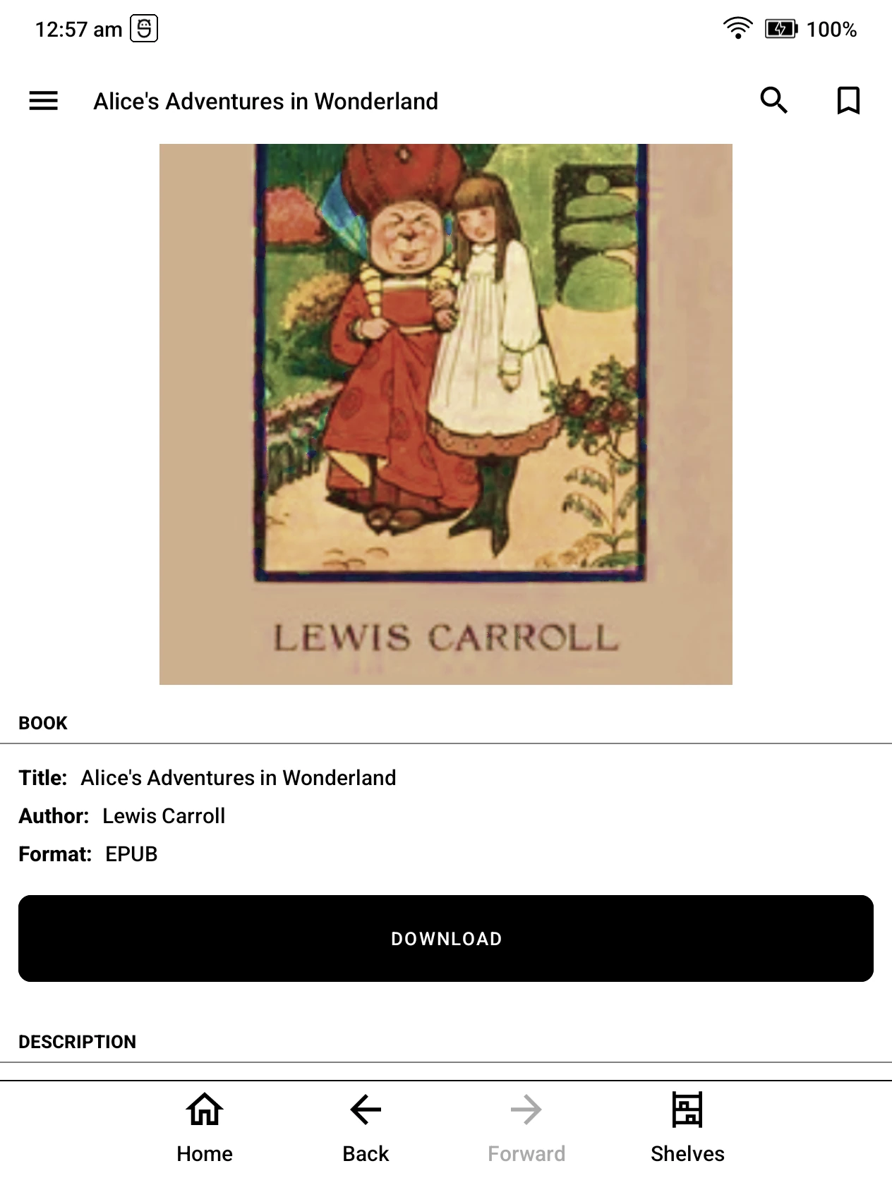 Alice’s Adventures in Wonderland book page with the Download button