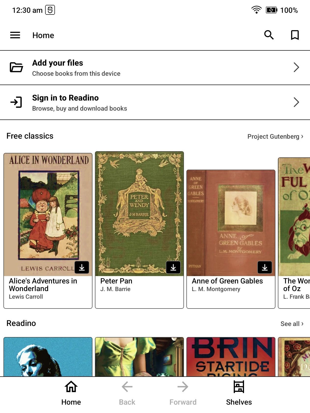 DinoReader home screen with Add your files and Sign in to Readino options