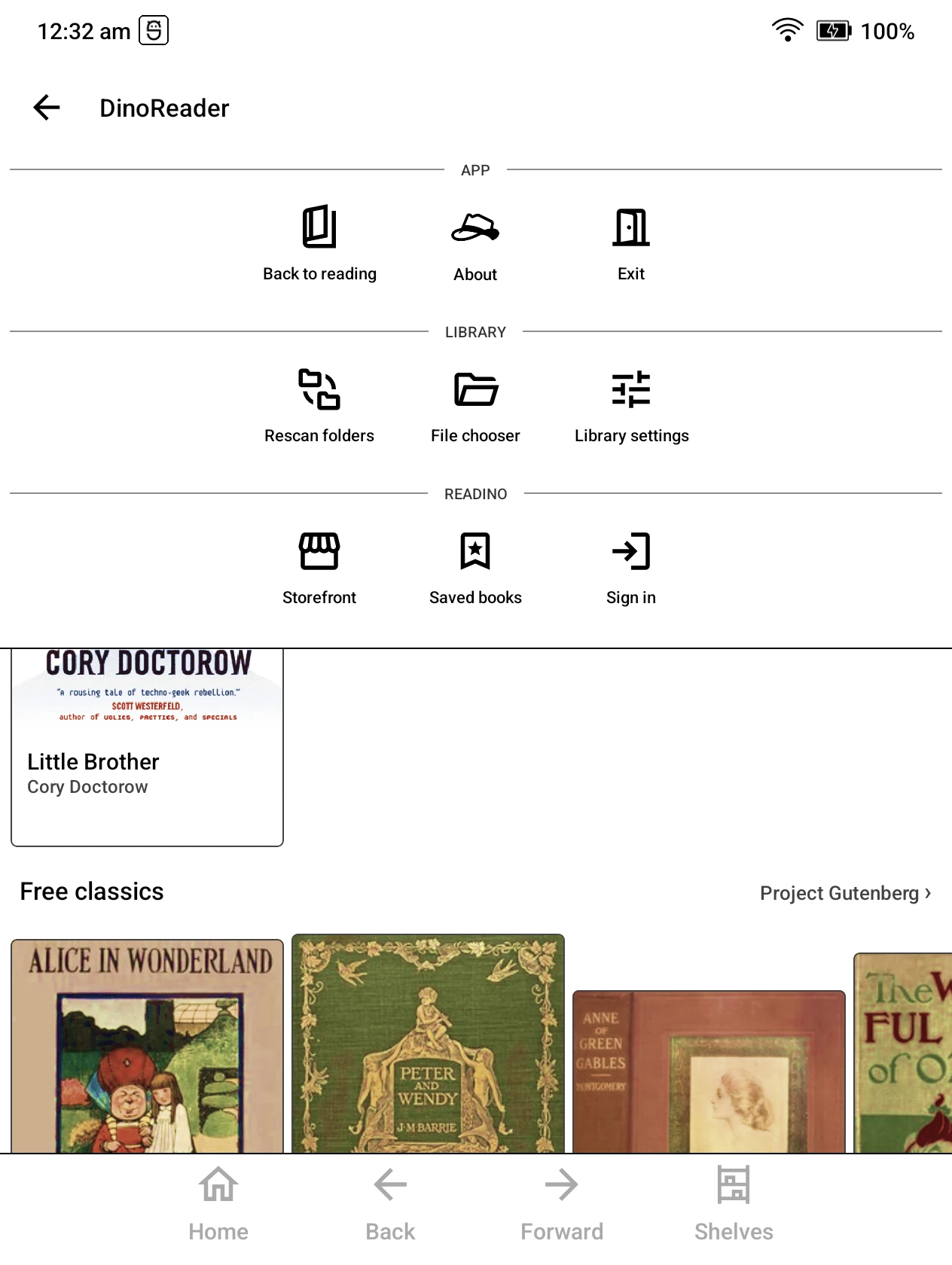 DinoReader library menu with the File chooser button