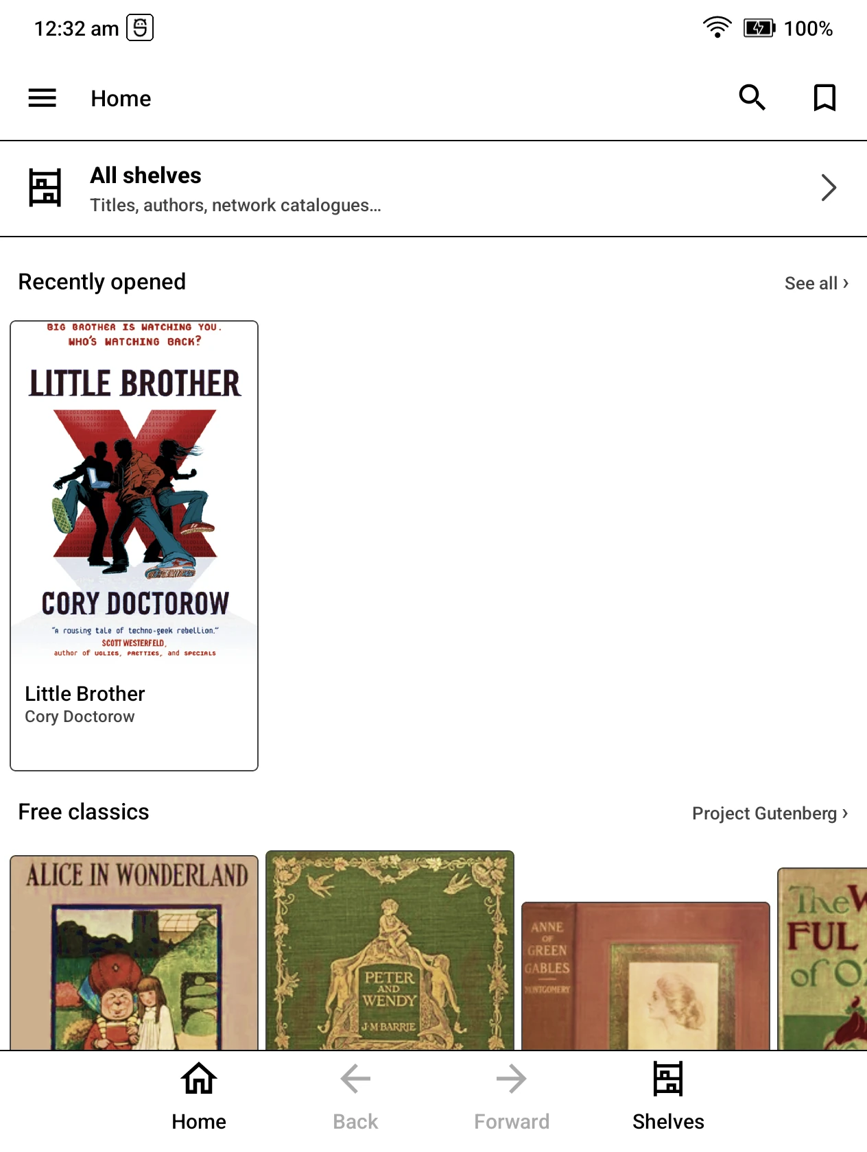 DinoReader library showing a book under Recently opened