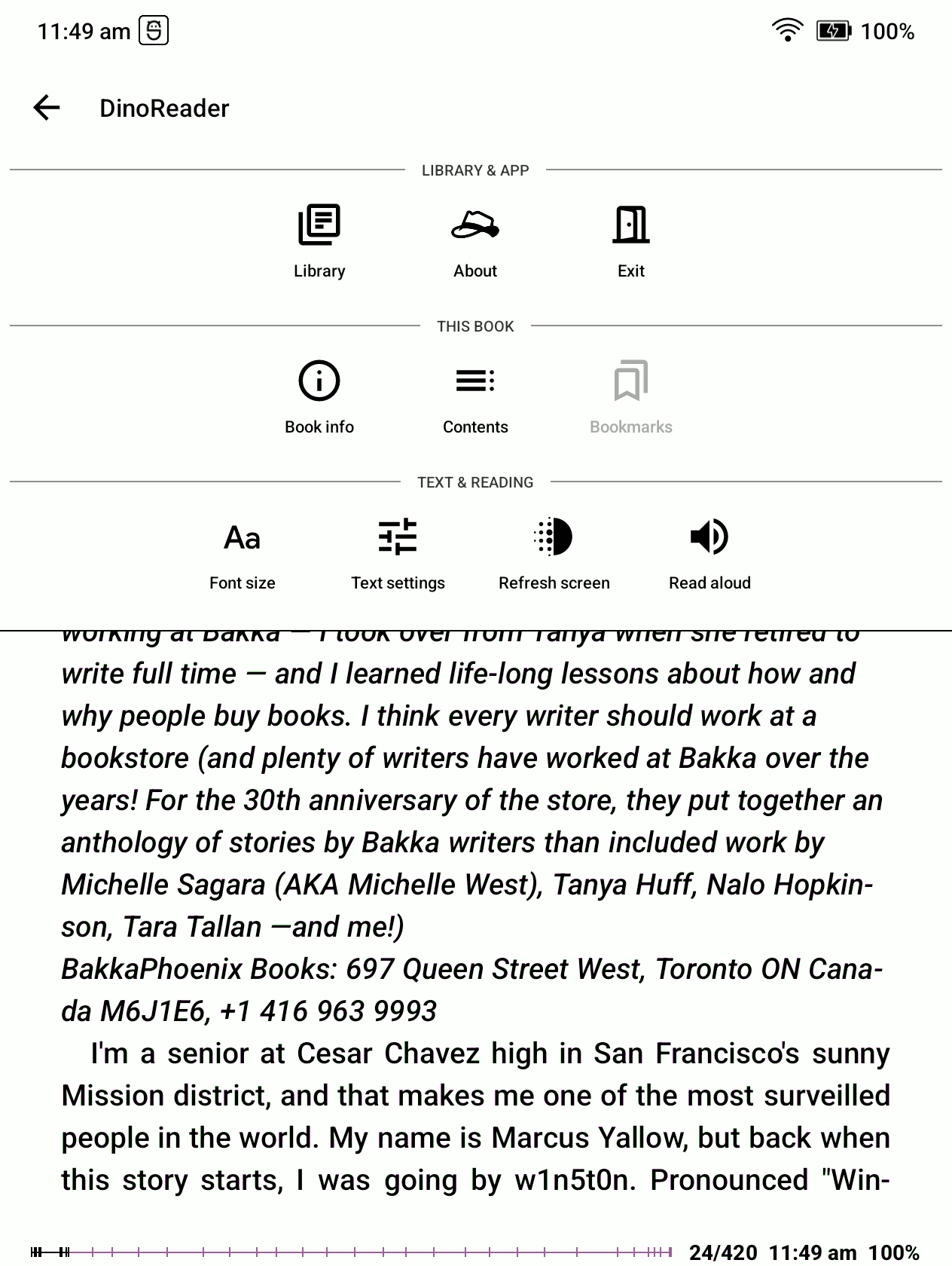 DinoReader main menu with the Library button