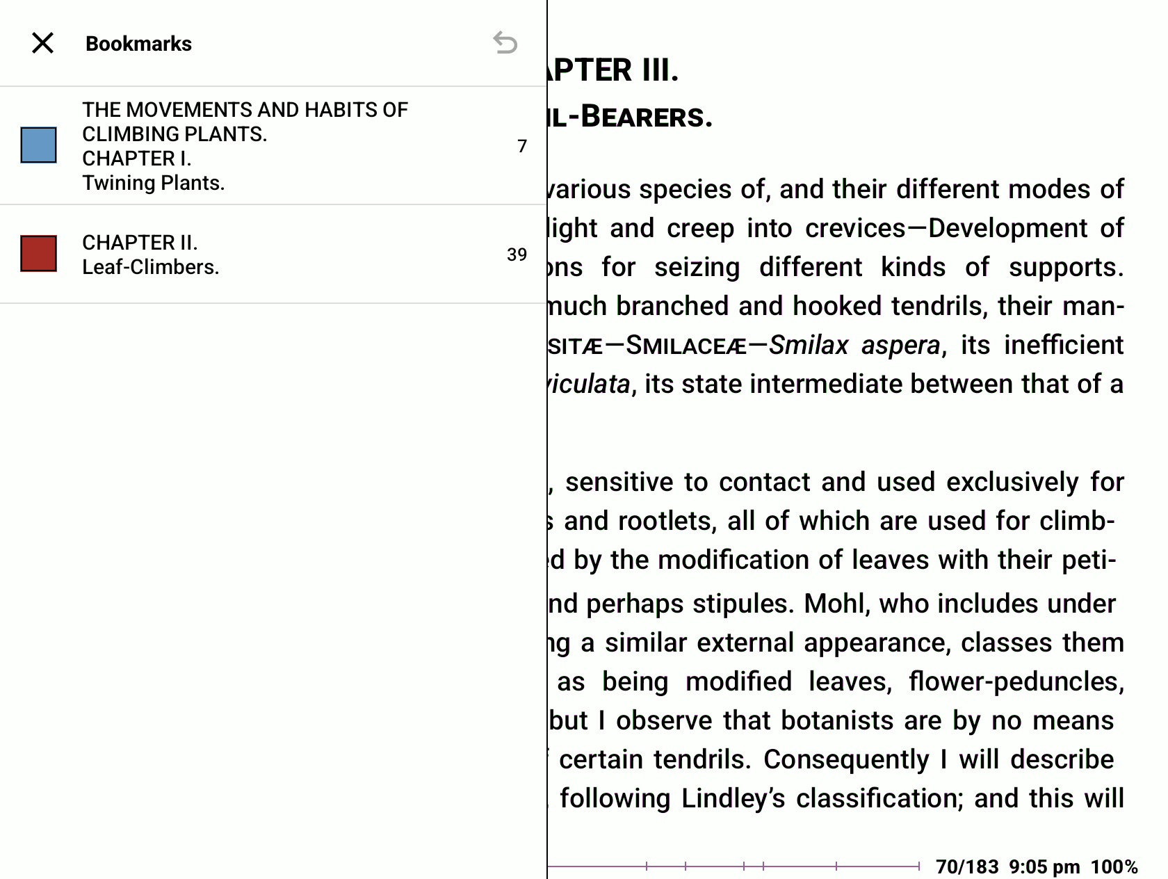 DinoReader Bookmarks panel beside the reading page on a Color Go 7 tablet