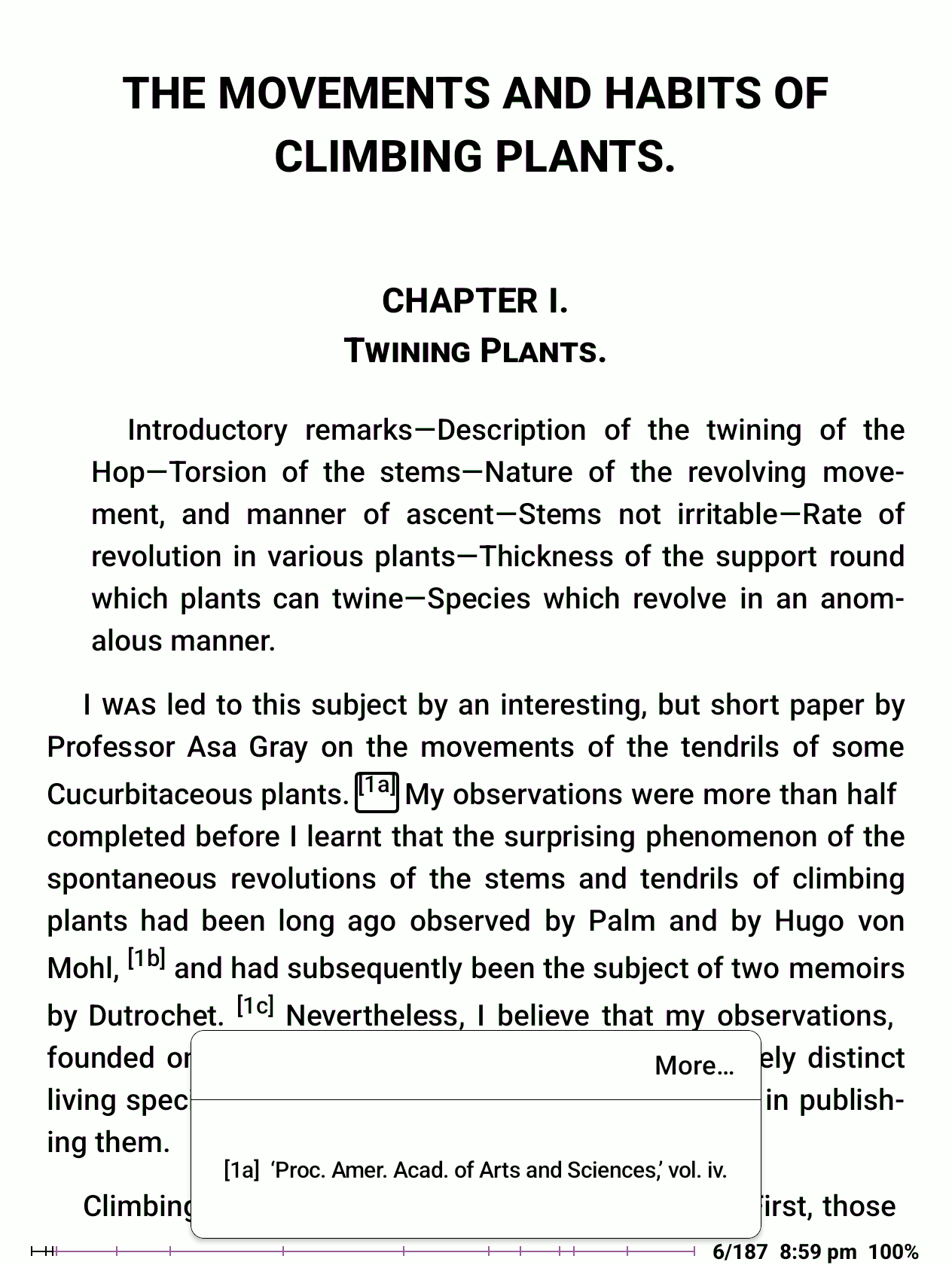 Footnote preview displayed in a small window over the reading page with a More button