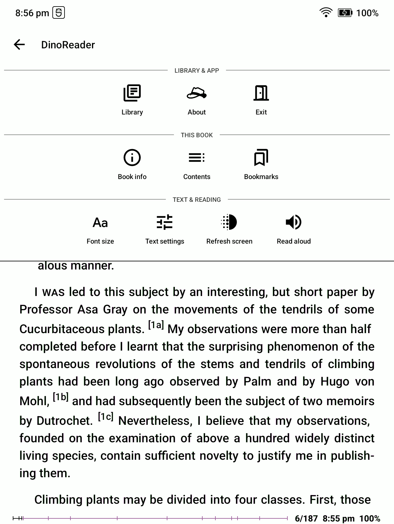 DinoReader main menu with Contents and Bookmarks commands