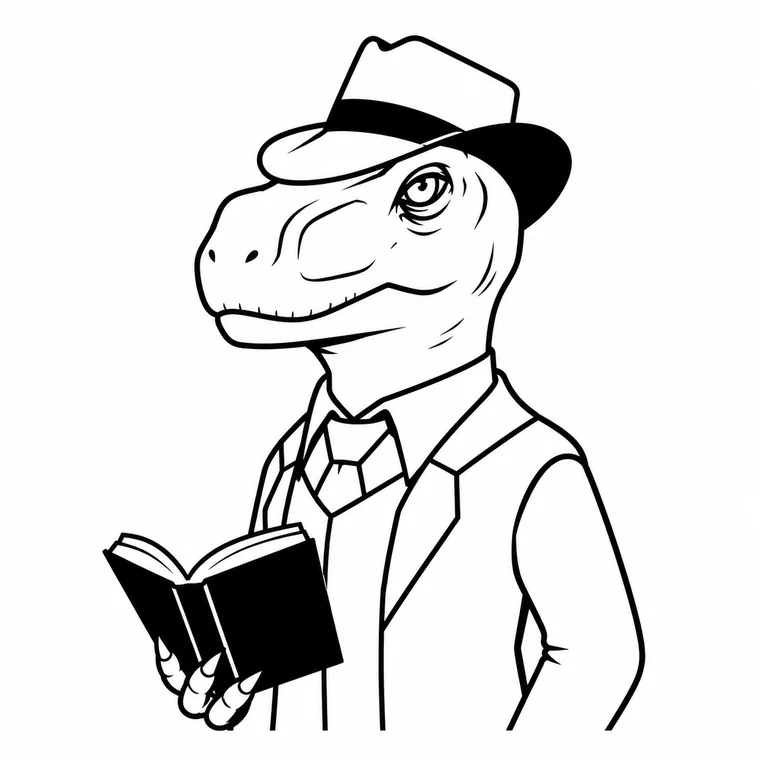 DinoReader mascot, a dinosaur in a suit reading a book
